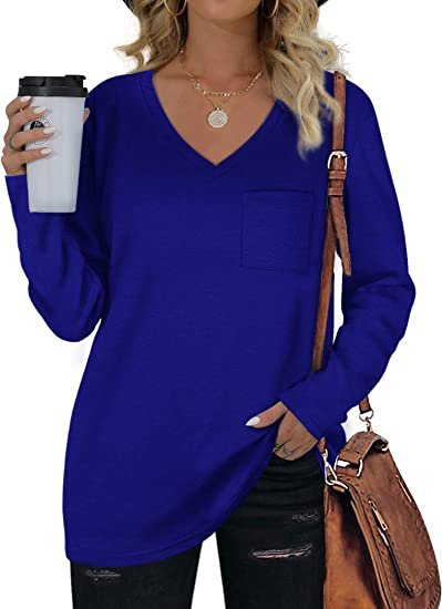 Womens Long Sleeve V Neck Tunic Tops Loose Casual Shirts with Pocket
