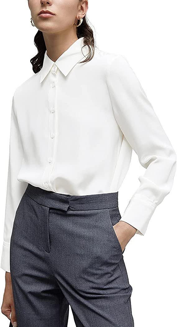 Women's Button Down Shirt Classic Long Sleeve Collared Tops Work Office Chiffon Blouse