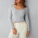 Skinny Long Sleeve Backless Crop Tops Square Neck Bodycon Shirts Cut Out Pullover Cami Streetwear