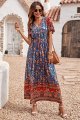 Women's Casual Floral Print V Neck Short Sleeve Summer Boho Beach Dress High Waist Long Maxi Dresses