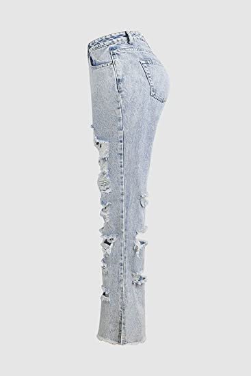 Stretchy Straight Leg Mid Waist Distressed Frayed Split Hem Jeans for Women