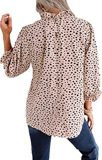Women's Leopard Printed Ruffle Hem Long Sleeve Mock Neck Blouses Top