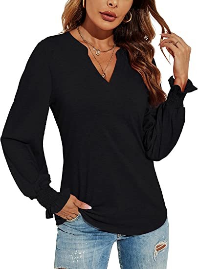 Women Casual V-Neck T-Shirts Loose Puff Short-Sleeve Tops Tunic Blouse