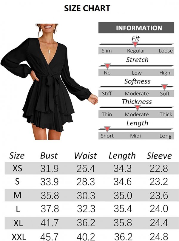 Women's Dress Deep V-Neck Long Sleeve Waist Tie Ruffle Mini Swing Skater Dresses