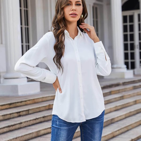 Women's Button Down Shirts Causal Collared Blouses Work Office Long Sleeve Chiffon Blouse for Ladies