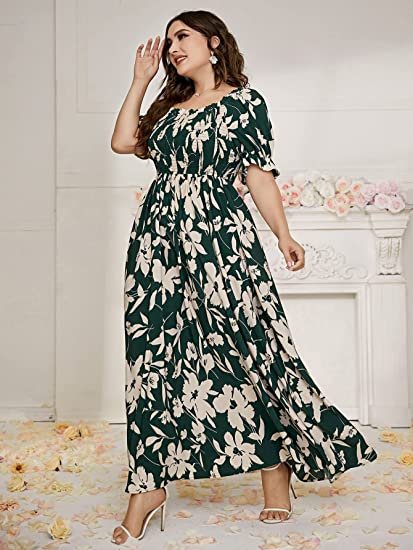 Women's Plus Size Boho Floral Short Sleeve High Waist A Line Swing Maxi Dress