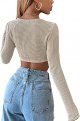 Women Long Sleeve Knitted Solid Crop Top Square Neck Fitted Asymmetrical Hem Cropped Tee Shirts