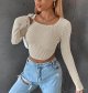 Women Long Sleeve Knitted Solid Crop Top Square Neck Fitted Asymmetrical Hem Cropped Tee Shirts