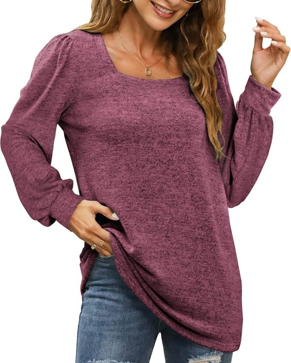 Tunic Tops for Women Loose Fit Long Sleeve Shirts Square Neck Tops