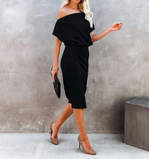 Women's Off The Shoulder Short Sleeve Ribbed Casual Party Bodycon Midi Dress