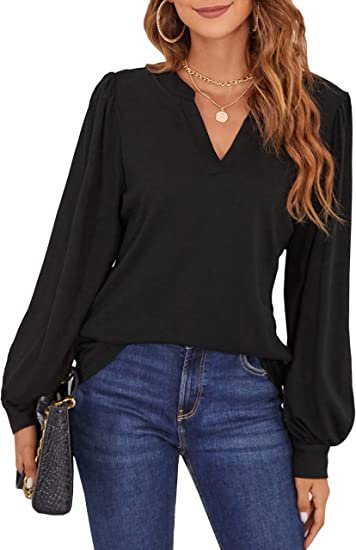 Womens Work Blouse Dressy Business Casual Tops Long Lantern Sleeve V Neck Office Fall Shirt