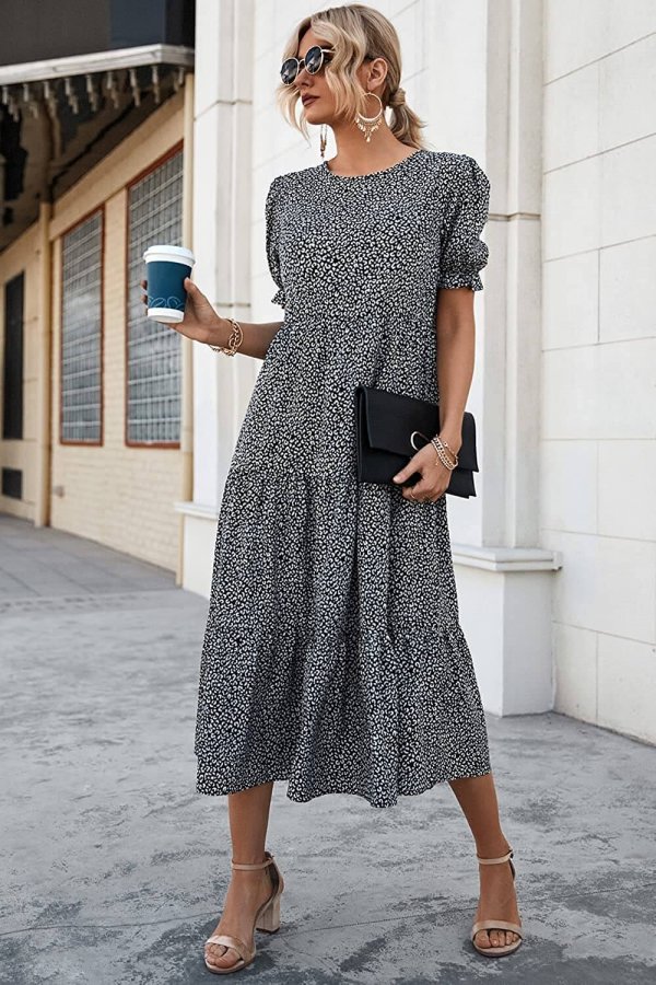 Women's Summer Casual Boho Dress Floral Print Ruffle Puff Sleeve High Waist Midi Beach Dresses