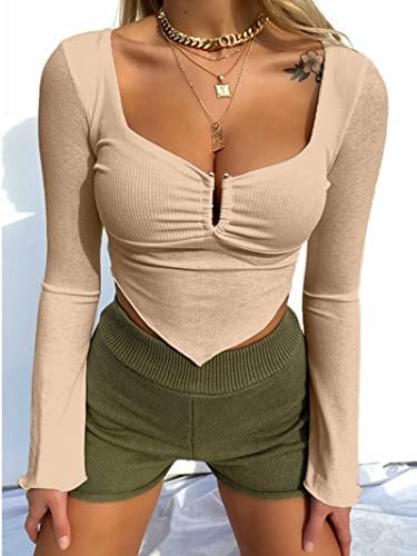 Women's Long Sleeve Knit Ribbed Crop Top Ruched Front Square Neck Asymmetrical Hem Tees Shirt