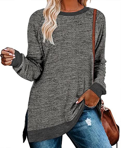 Womens Crewneck Pullovers Color Block Long Sleeve Side Split Tunic Tops
