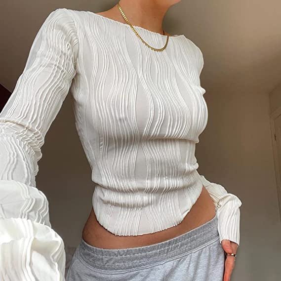 Women Sexy Slim Crop Shirt Long Sleeve Crewneck Fitted Tshirts Top Knit Cropped Tee Blouse Retro Streetwear